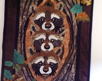 Fiber Wall Art - Racoons in Tree  - 27" tall x 17" wide