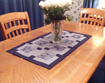 Quilted Blue/Gray/Silver Holiday Table Runner - 35 x 19