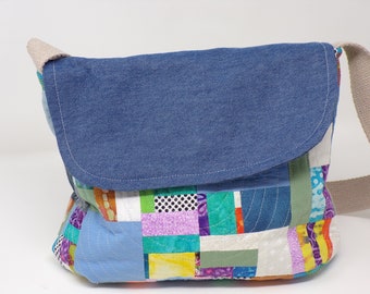 Scrappy Second-Life Handbag with Denim, Handmade Purse