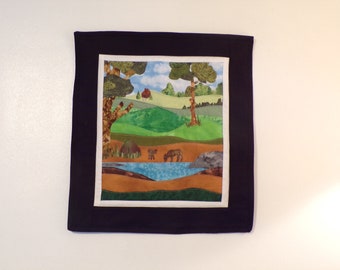 Quilted Wall Art, Mountain Landscape with Deer at Pond - 18.5" x 16.5"