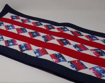 Quilted Patriotic Diamonds and Stripes Table Runner 14" x 51"