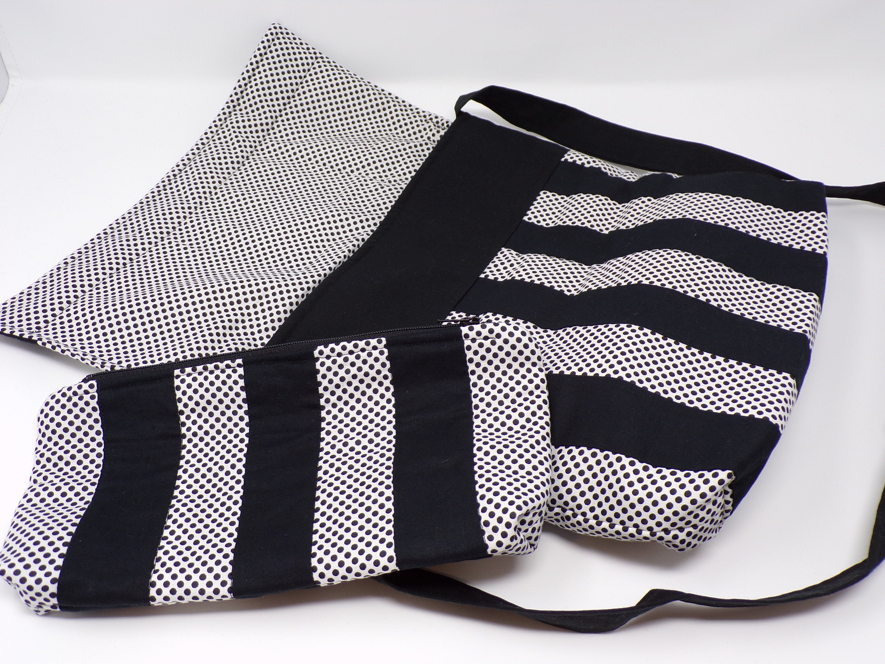 Quilted Black and White Striped Purse and Makeup Bag Set