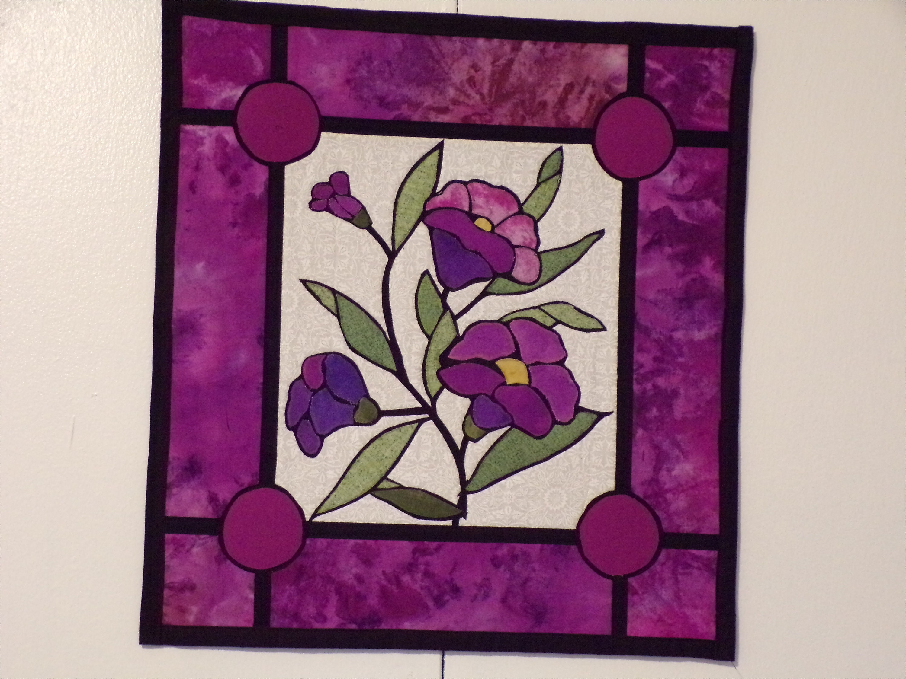 Purple Floral Applique Quilted Wall art 14 1/2 x 15 1/2, Stained Glass Wall Art, Purple Floral