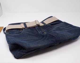 Recycled Jean Pocketbook with Belt - 11" high, 13" wide, 2" deep