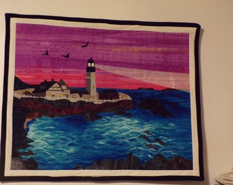 Maine Lighthouse Wall Art - Fiber Art - Quilted Wall Hanging 26" wide x 21" tall