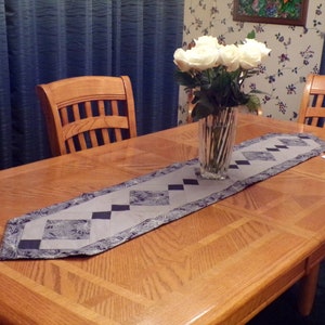 Quilted Holiday Table Runner in Blue and Gray with Silver Highlights – 64” long x 12” wide