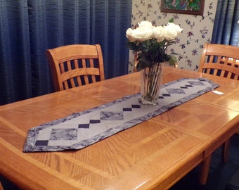 Quilted Holiday Table Runner in Blue and Gray with Silver Highlights – 64” long x 12” wide
