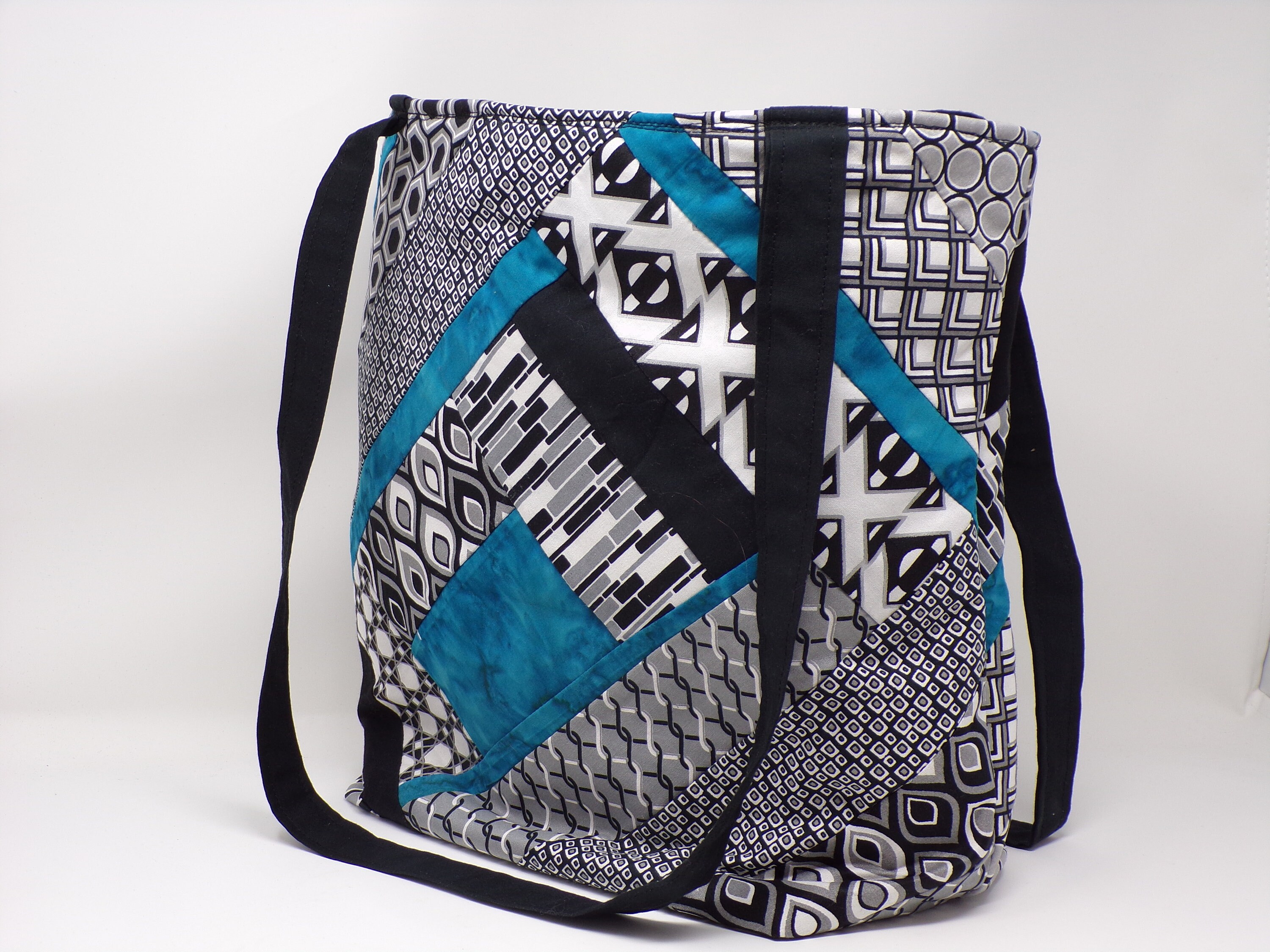 Quilted Black, White, Teal Tote Bag, Beautiful Tote Bag, Quilted Tote