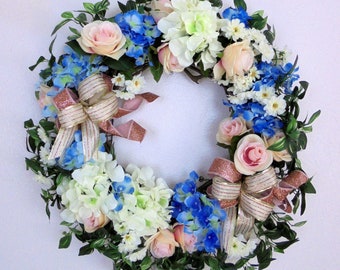 White and Blue Hydrangea Wreath, Rose Gold Ribbon Wreath, Pale Pink Roses and Ivy Wreath, Hydrangea/Roses Grapevine Wreath