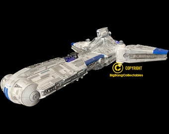 May include: A white and blue spaceship model with detailed features and a copyright notice from BigBangCollectables.