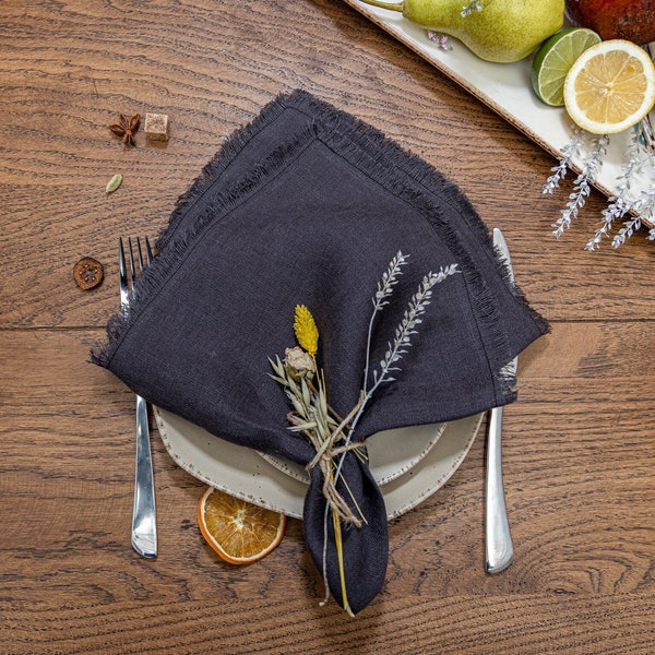 Charcoal Grey Pure Linen Napkins Set of 4,  19X19, Natural Handmade Fringed Gray Napkins, Fabric Napkins for Rustic Party table