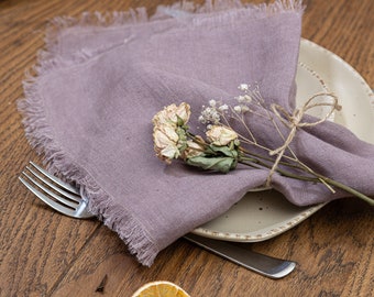 Lavender Napkins Set of 4, 100% Pure Linen size 19X19, Natural Handmade Fringed Napkins, Cloth Napkins for Rustic Parties & Weddings