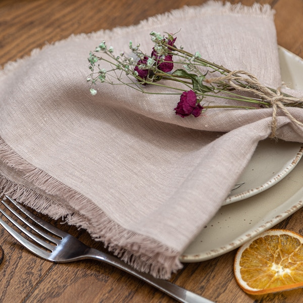 Dusty Pink Pure Linen Napkins Set of 4,  19X19, Natural Handmade Fringed Pink Napkins, Fabric Napkins for Rustic Party table