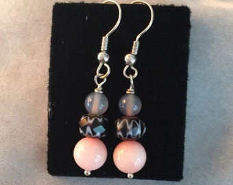 Angel Skin Coral and Smokey Quartz Earrings