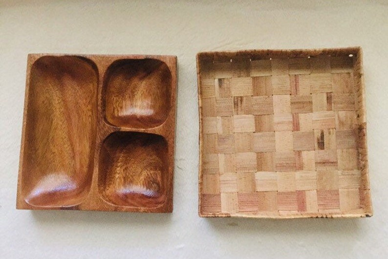 Teak Wood Divided Dish with Nesting Basket.