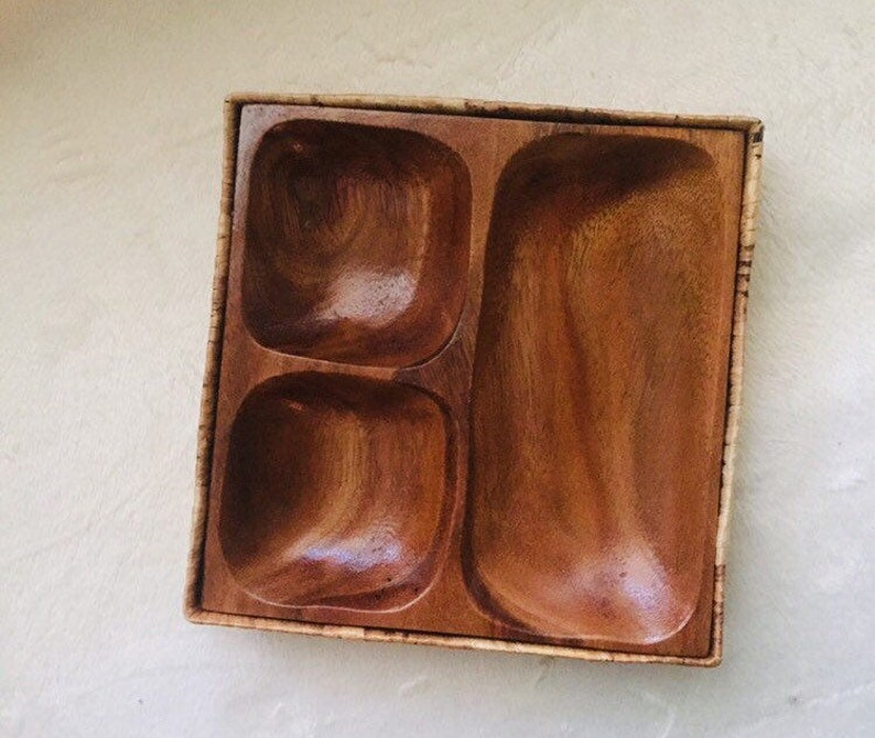 Teak Wood Divided Dish with Nesting Basket.