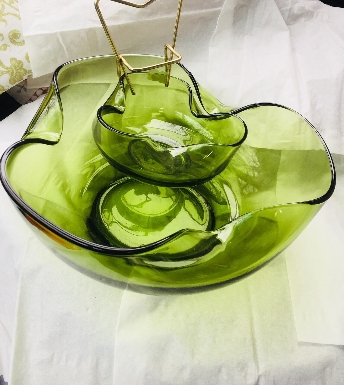 Vintage Green Glass Chip & Dip Bowl Set. Etsy
