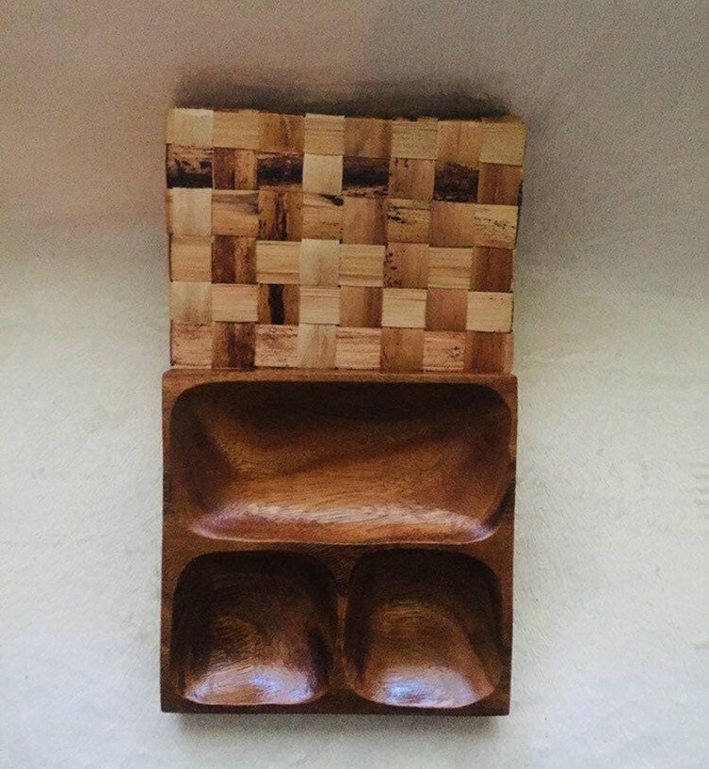 Teak Wood Divided Dish with Nesting Basket.