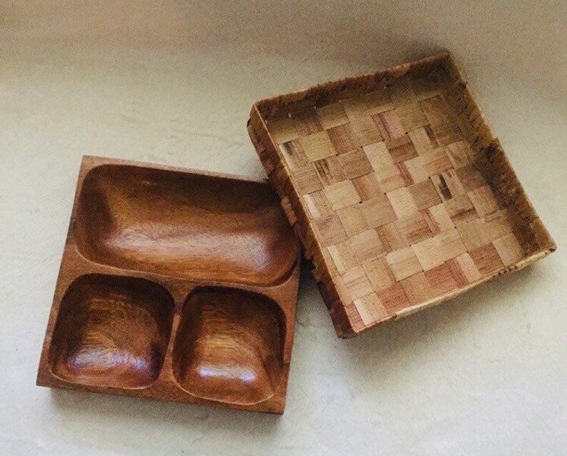 Teak Wood Divided Dish with Nesting Basket.