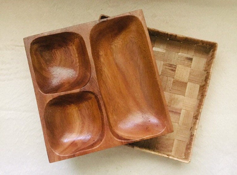 Teak Wood Divided Dish with Nesting Basket.