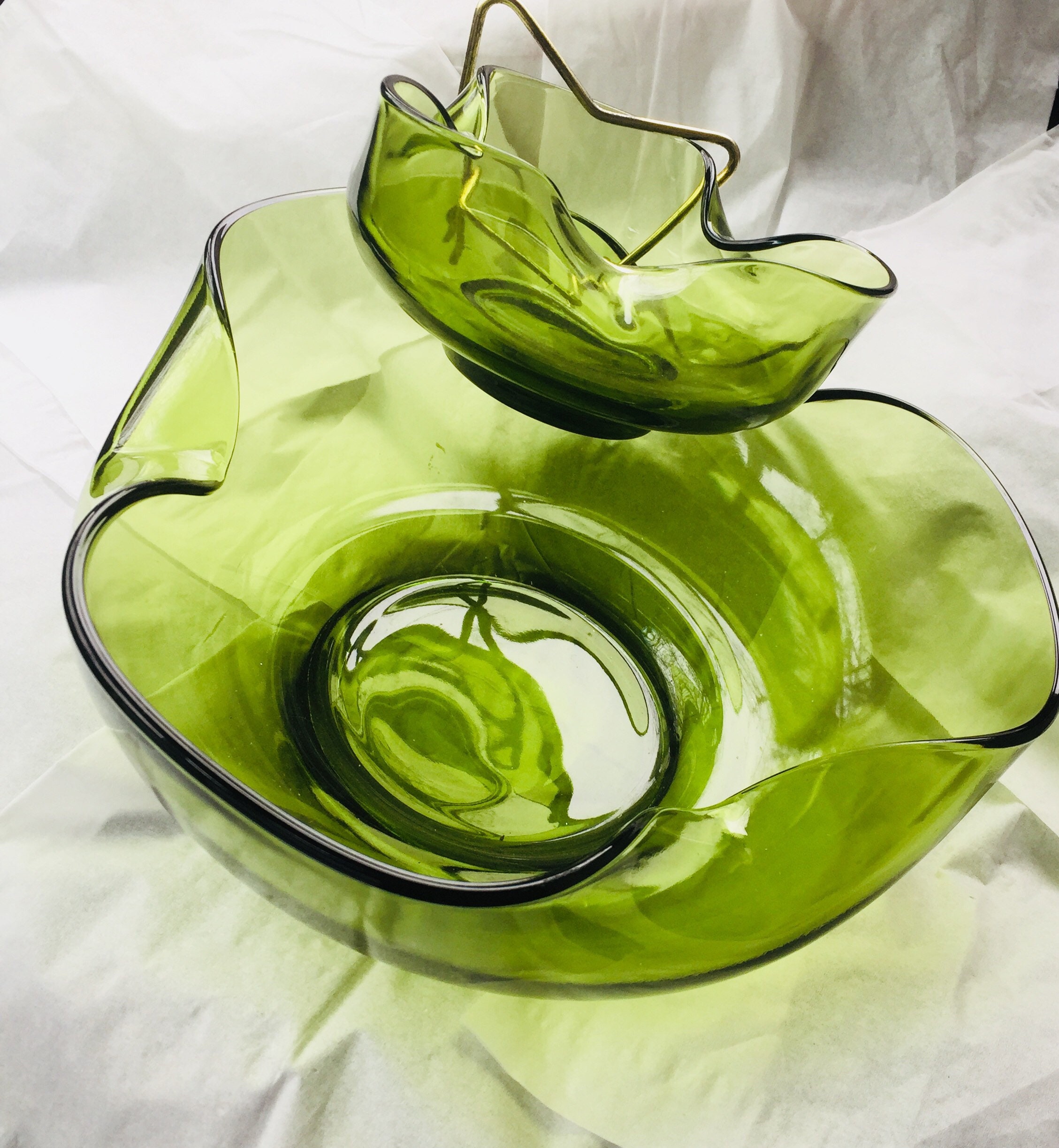 Vintage Green Glass Chip & Dip Set Party Snack Serving Bowl. Etsy