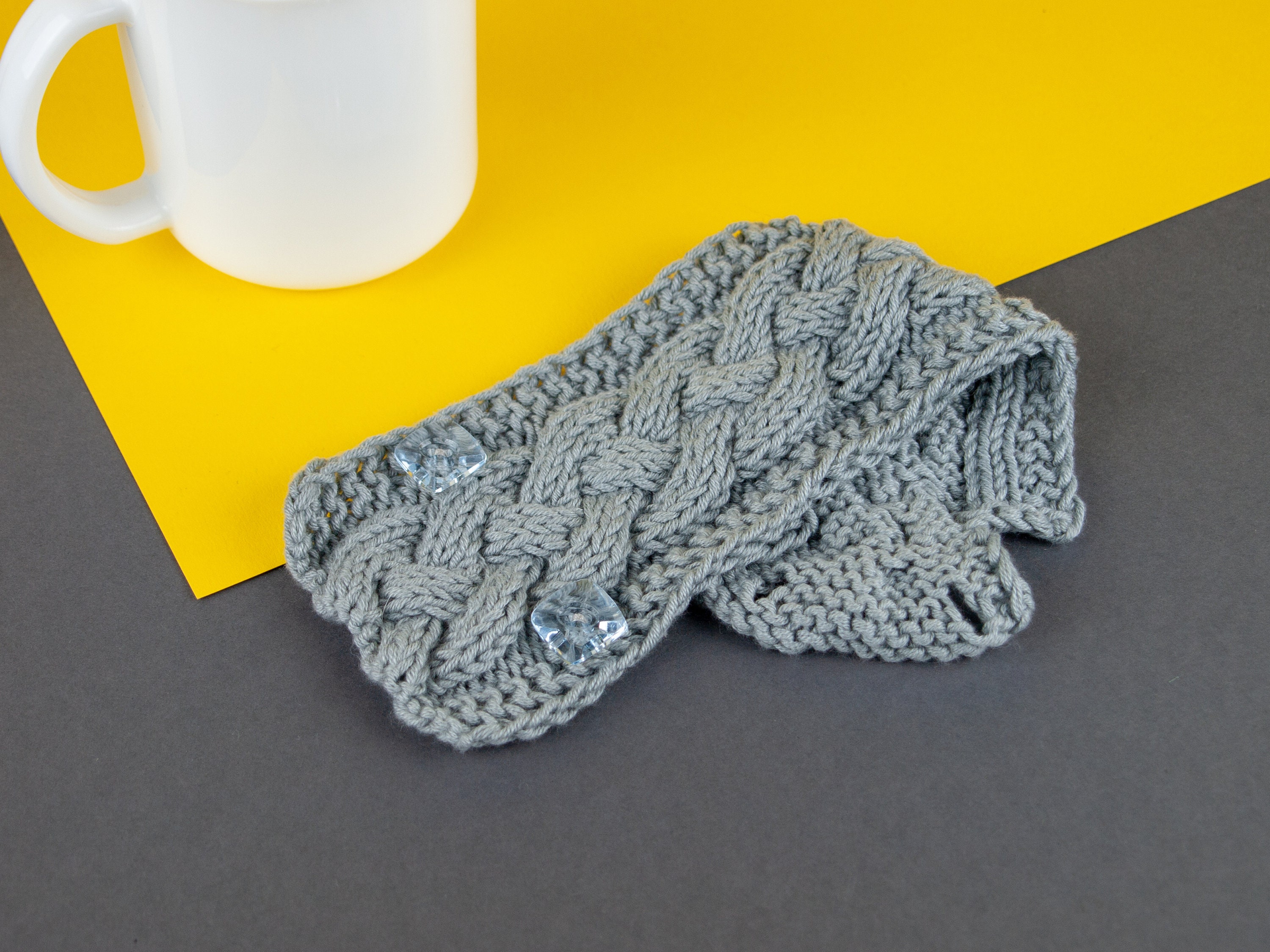 Grey knit mug sweater with buttons. Cosy coffee cup warmer ...