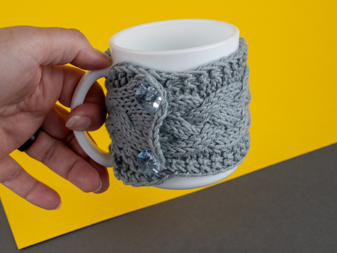 Grey knit mug sweater with buttons. Cosy coffee cup warmer. Etsy