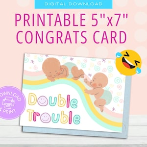 Zwillinge Geburtskarte Willkommen Babys Glückwünsche Neue Babys Sofortiger digitaler Download Lustige süße Babys Zwillinge Karte druckbare Vorlage Regenbogen