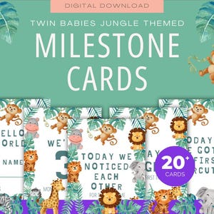 20 cartes jumelles jumelles sur le thème de la jungle, téléchargement numérique, cartes jalons Safari, accessoires photo souvenir, jumeaux garçon fille, cadeau baby shower