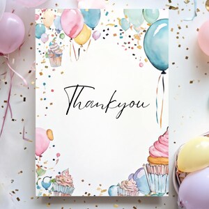 de remerciement modifiable ballon pastel | Remerciement de fête imprimable avec motif cupcakes et confettis | Fête d'anniversaire à téléchargement immédiat
