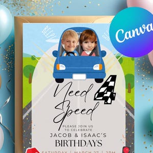 Editable Sibling Birthday Invitation, Joint Party Invite, Two Birthdays Invite, Double Birthday Invitation, Twin, Need4Speed, Race Car Party