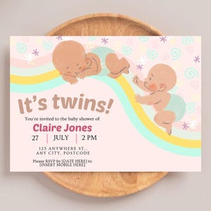 Invito modificabile per baby shower per gemelli, modello per baby shower per bambine gemelle, Evite, invito per neonati gemelli, biglietto per gemelli stampabile, Canva