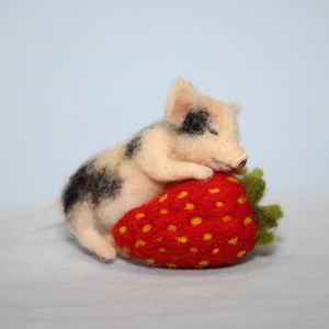 Needle Felted/miniature sculpture/ pig on strawberry/ handmade gift