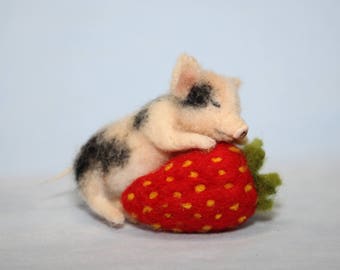 Needle Felted/miniature sculpture/ pig on strawberry/ handmade gift