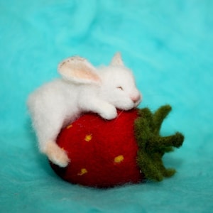 May include: A white felt bunny rabbit is sleeping on a red felt strawberry with green felt leaves.