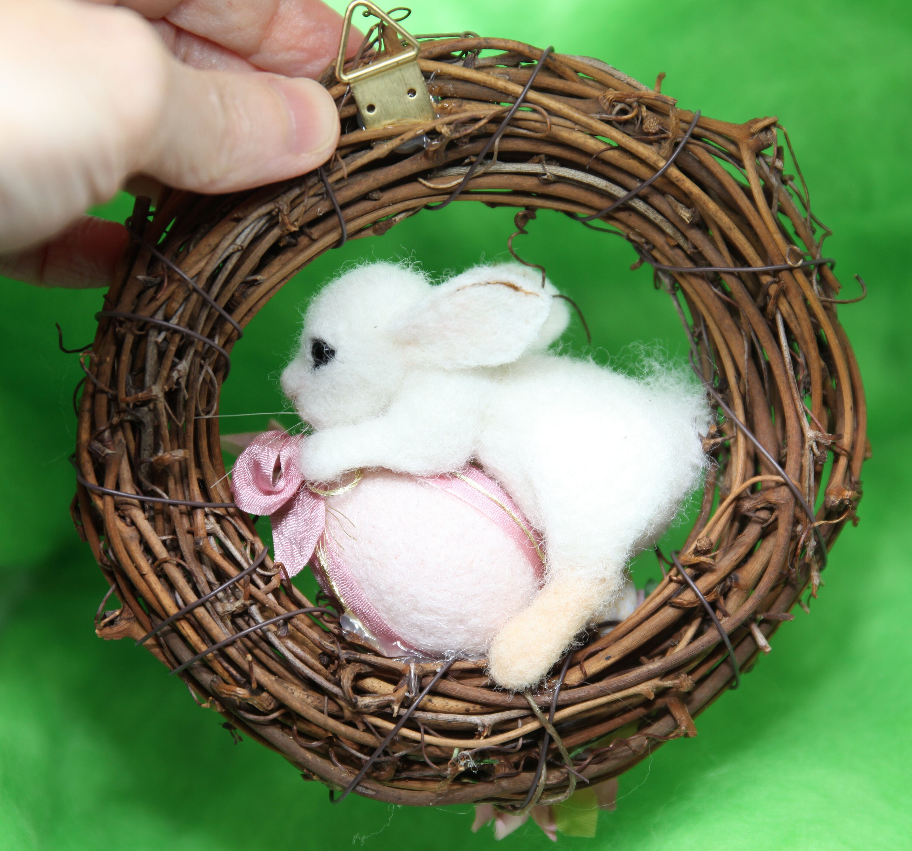 Needle Felted/ Miniature Sculpture/ Easter Wreath/ Bunny on Egg/ Rabbit ...