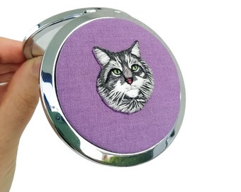 Cat Compact Mirror, Pet Pocket Mirror, Pet Loss Portrait Gift For Mom, Art Lovers Gift, Purse Mirror, Hand Makeup Mirror, Hand Embroidered