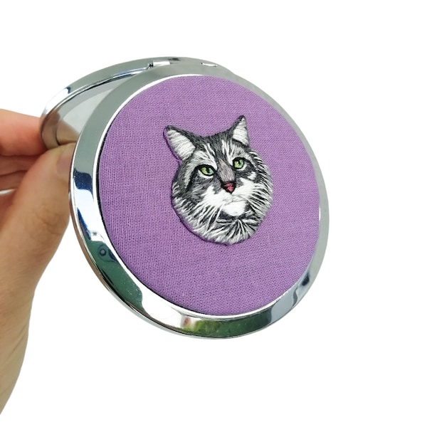 Cat Compact Mirror, Pet Pocket Mirror, Pet Loss Portrait Gift For Mom, Art Lovers Gift, Purse Mirror, Hand Makeup Mirror, Hand Embroidered