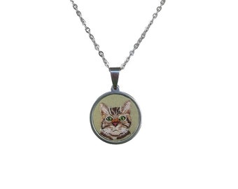 American Shorthair Cat Necklace, Kitty Pendant, Hand Embroidered Cat Jewelry, Brown Cat Necklace Gift, Pet Loss Portrait, Custom Cat Photo