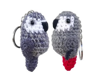 African Grey & Timneh Parrot Keychain, Crochet Amigurumi Bird, Custom Name Gift, Bag Charm