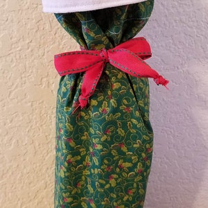 Wine Bottle Gift Bag - Sparkling Holly Berries and Leaves with a Beige Microfiber-like Cuff and Red Ribbon Tie