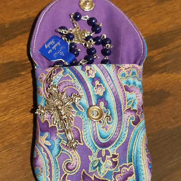 Rosary / Coin Fabric Purse with Pearl Snap Closure - Purple Paisley Like Design with Solid Purple Interior