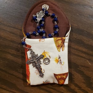 Rosary / Coin Fabric Purse with Metal Snap Closure - Fish and Lures with Brown Interior