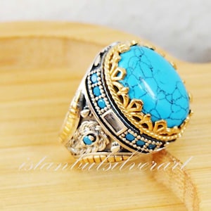 Handmade Turquoise Stone Ring: Ottoman 925 Sterling Silver Men&#39;s Ring