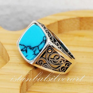 Handmade Turquoise Stone Ring: Ottoman 925 Sterling Silver Men&#39;s Ring