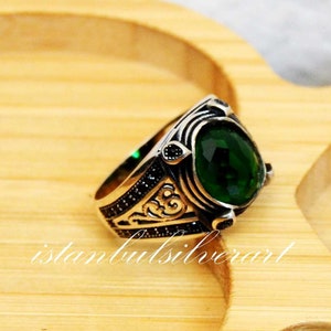 Mens Handmade Ring, Turkish Handmade Silver Men Ring, Ottoman Mens Ring, Emerald Ring, Cubic zircon, Gift for Him, 925k Sterling Silver Ring
