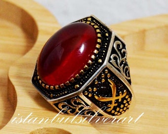Mercan Silver Men's Handmade Ruby Stone Ring, Ottoman Mercan Silver Men's Handmade Ruby Stone Ring, Ottoman