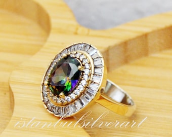 Handmade Ring Women, Turkish Handmade Silver Ladies Ring, Ottoman Ring, Mystic Topaz Ring, Cz Stone, 925k Sterling Silver Ring