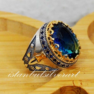 Mens Handmade Ring, Turkish Handmade Silver Men Ring, Ottoman Mens Ring, Tourmaline Ring, Men Ring, Gift for Him, 925k Sterling Silver Ring