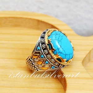 Anillo de piedra turquesa hecho a mano: estilo otomano, plata de ley 925